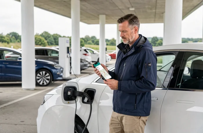Homme rechargeant un SUV électrique dans une station sur autoroute tout en consultant une application de calcul d'itinéraire