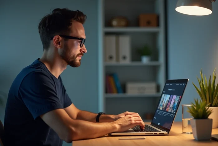 Homme naviguant sur une plateforme de streaming depuis son ordinateur portable dans un bureau à domicile