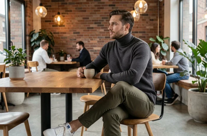 Homme stylé en pull col roulé charbon dans un café scandinave, tendances mode masculine automne-hiver