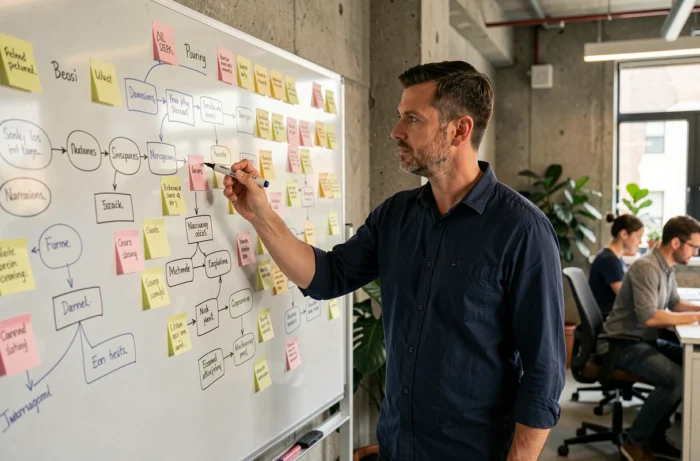 Homme expliquant une architecture de navigation web sur un tableau blanc dans un bureau collaboratif