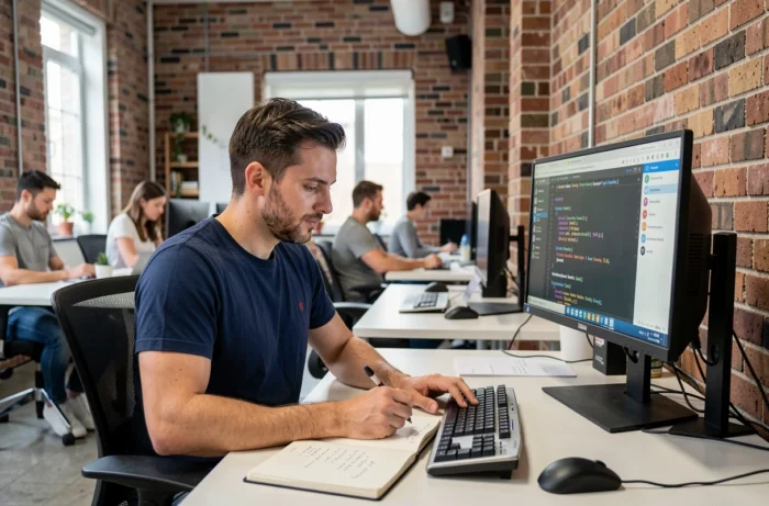 Homme adulte suivant un tutoriel informatique en ligne dans un espace de coworking moderne