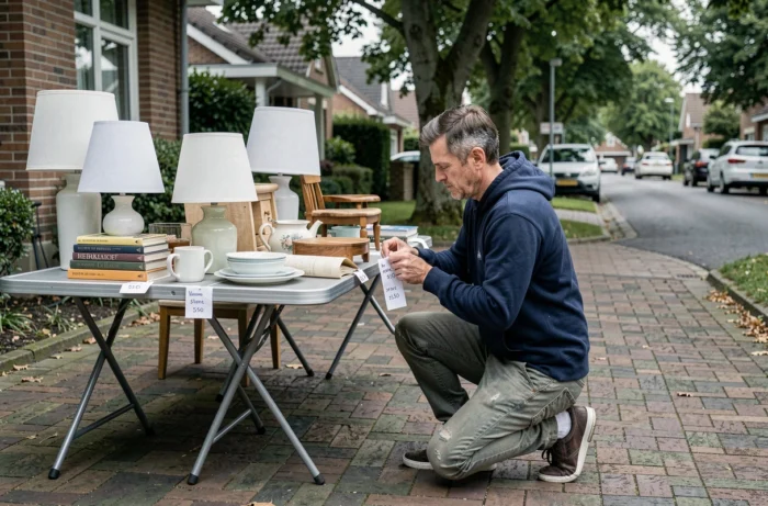 Homme organisant un vide-maison dans son allée avec des objets d'occasion à donner ou vendre
