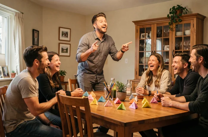Homme imitant une célébrité debout devant ses amis hilares lors d'un jeu de soirée