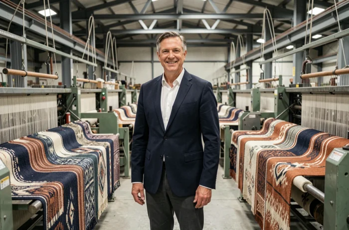 Professionnel de l'industrie textile devant des métiers à tisser industriels dans une usine de fabrication de tissus