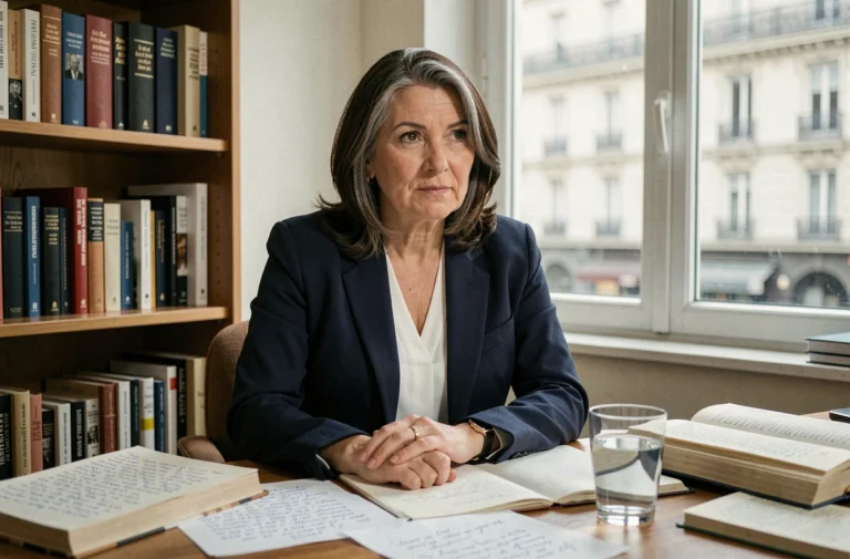 Femme engagée dans la cinquantaine travaillant dans un bureau parisien entouré de livres et de notes manuscrites, évoquant le parcours intellectuel et politique d'Ingrid Betancourt