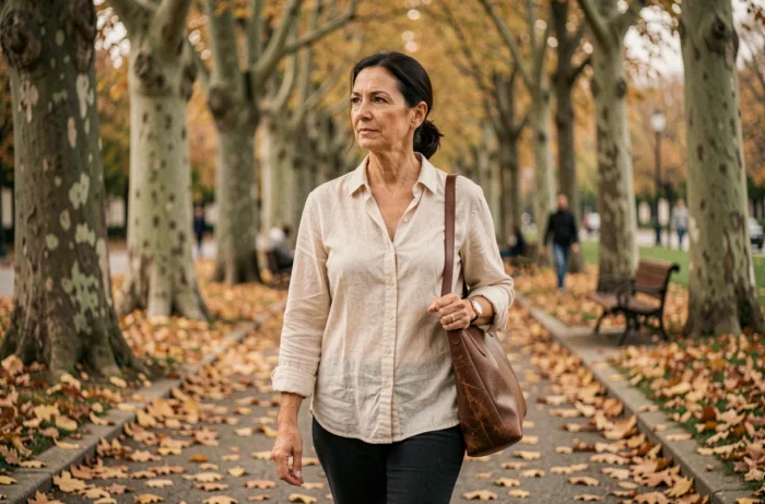 Femme en promenade dans un parc européen aux couleurs automnales, symbolisant la sérénité retrouvée et la vie personnelle après un parcours militant