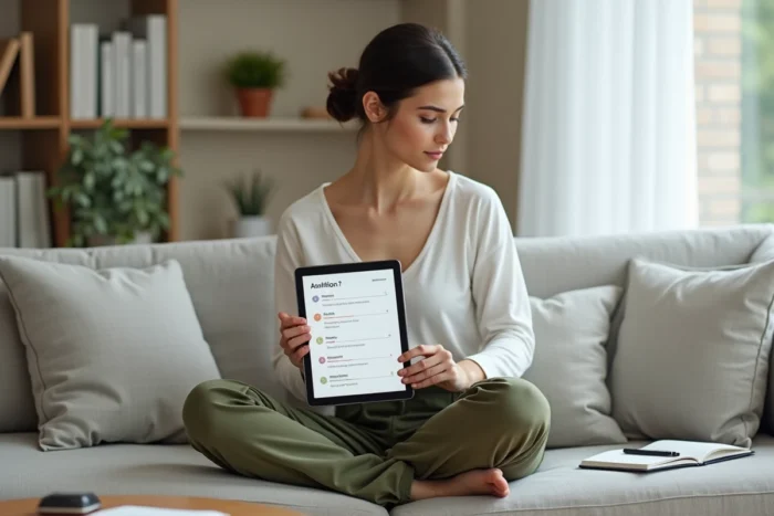 Jeune femme assise sur un canapé consultant une application de gestion de tâches sur tablette avec un carnet de notes posé sur les genoux dans un salon minimaliste