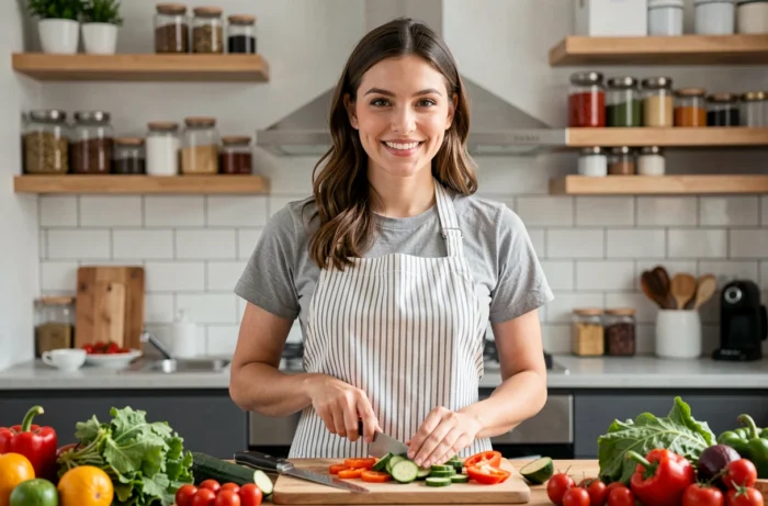 Jeune femme autonome préparant un repas maison dans sa cuisine moderne pour illustrer l'épanouissement personnel
