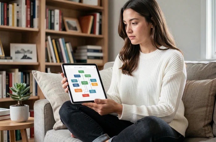 Jeune femme consultant un plan de site hiérarchique sur une tablette dans un espace de travail à domicile