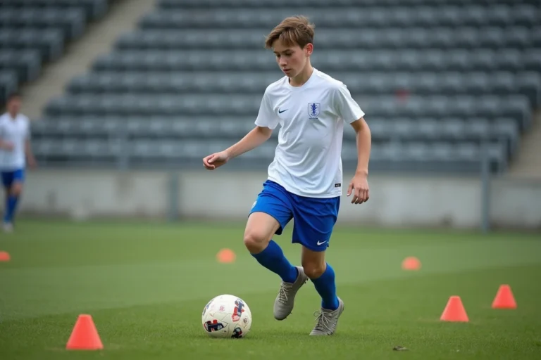 Jeune footballeur adolescent en plein entraînement sur un terrain d'académie de football en France, dribblant avec des cônes