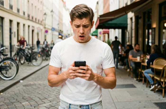 Jeune homme dans la rue regardant son smartphone avec confusion en essayant d'activer la recherche vocale