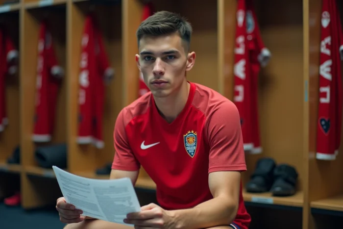 Jeune joueur de football professionnel en tenue de club dans un vestiaire, consultant des documents d'entraînement