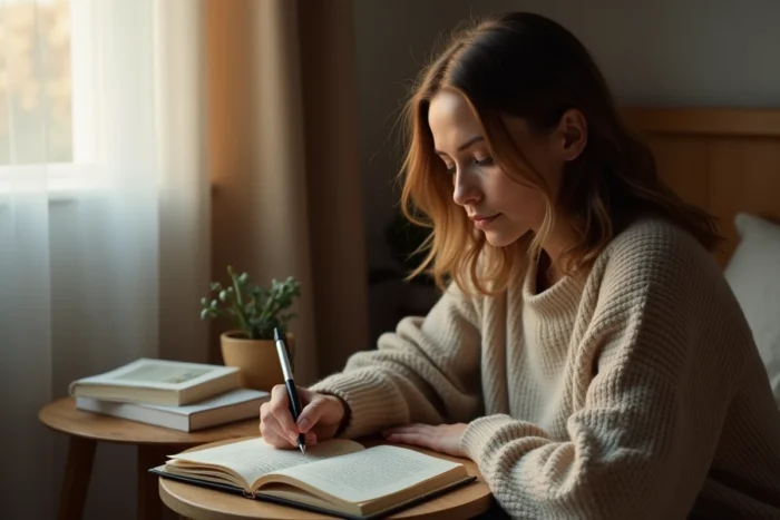 Femme écrivant son journal de bord quotidien en trois phrases le soir dans une chambre apaisante