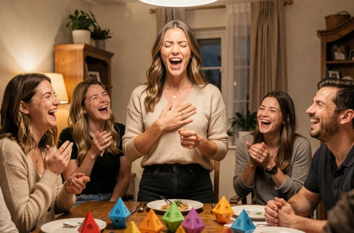 Femme chantant une seule phrase de karaoké avec expression dramatique devant ses amis