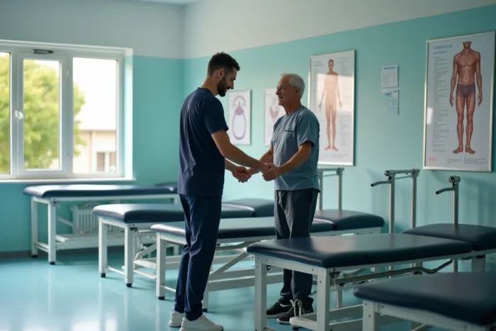 Kinésithérapeute hospitalier accompagnant un patient âgé en séance de rééducation