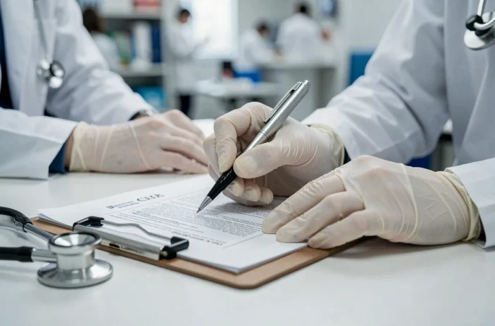 Close-up das mãos de um médico controlador anotando um relatório médico em uma prancheta