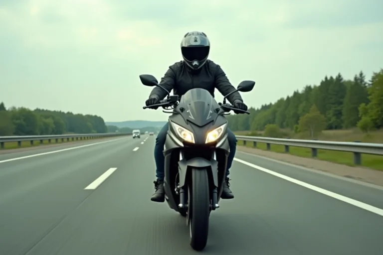 Motard en veste textile roulant sur l'autoroute avec un maxi-scooter grande cylindrée