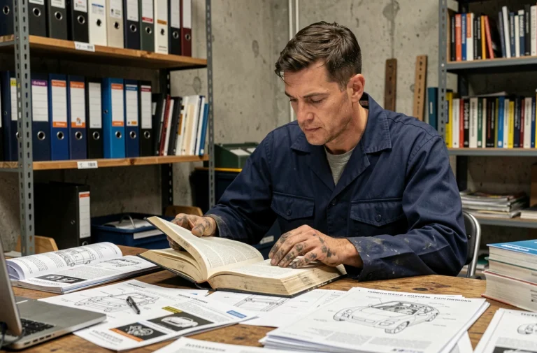 Mécanicien automobile lisant un livre de revue technique dans un atelier professionnel