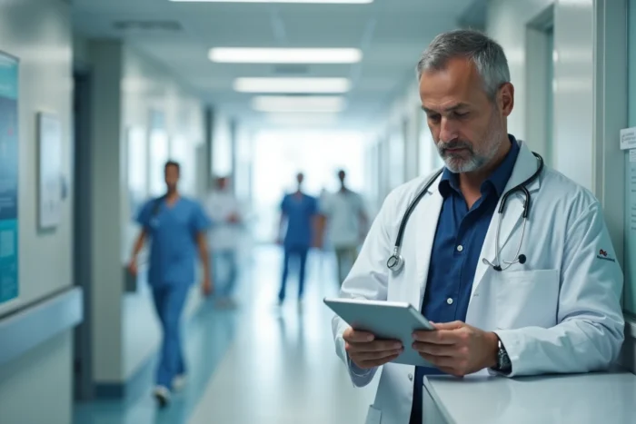 Médecin en blouse blanche utilisant une tablette pour naviguer sur le plan de site d'un portail médical dans un couloir hospitalier