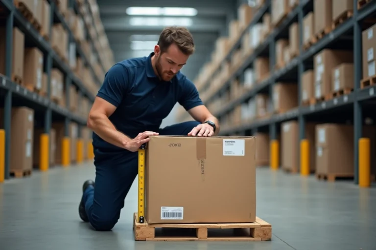 Employé logistique mesurant les dimensions d'un colis volumineux avec un ruban métrique dans un entrepôt Colissimo