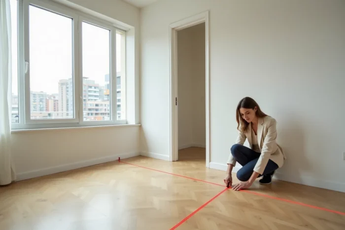 Femme mesurant la surface habitable d'un appartement vide avec un télémètre laser pour déclaration fiscale