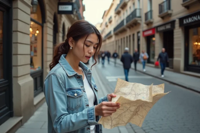Femme consultant une carte thématique dessinée à la main lors d'une micro-aventure urbaine à pied