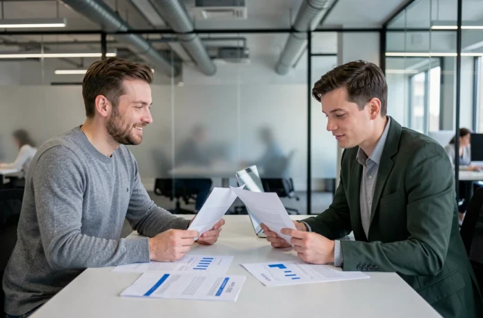 Deux micro-entrepreneurs en réunion dans un espace de coworking pour discuter de la gestion de leur activité
