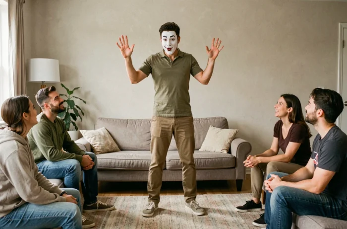Homme mimant une situation du quotidien devant ses amis dans un salon lors d'une soirée jeux