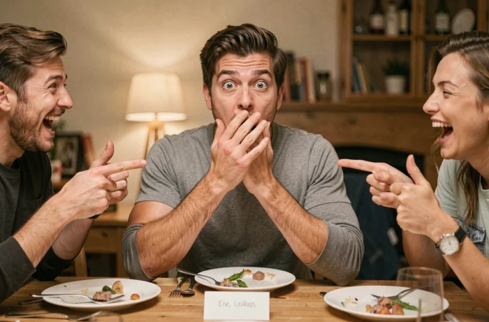 Homme se retenant de prononcer un mot interdit pendant une soirée avec des amis