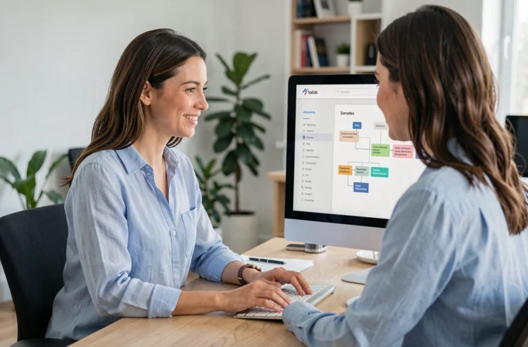 Femme naviguant facilement sur un plan de site web clair depuis son bureau moderne