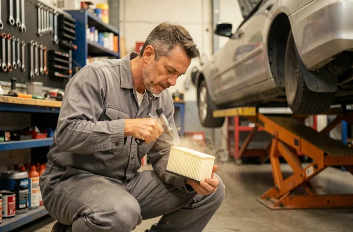 Technicien automobile nettoyant un filtre à air de voiture avec un pistolet à air comprimé dans un atelier de mécanique professionnel