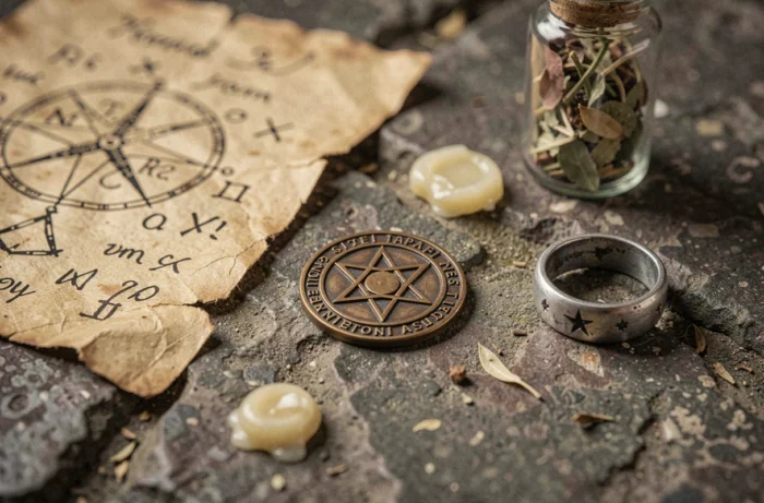 Nature morte d'objets ésotériques médiévaux incluant un sceau templier en bronze, des parchemins alchimiques et une bague gravée sur pierre ancienne