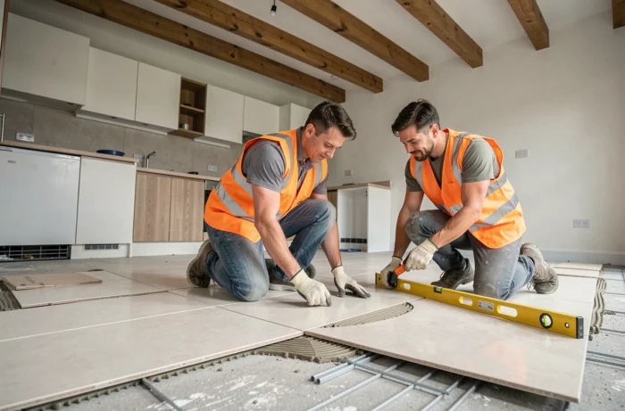 Deux ouvriers posant un carrelage en grès cérame dans un appartement en rénovation