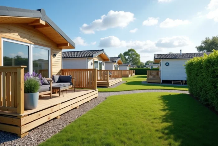 Parcelle cédée dans un PRL en Vendée avec chalet de loisirs et terrasse bois
