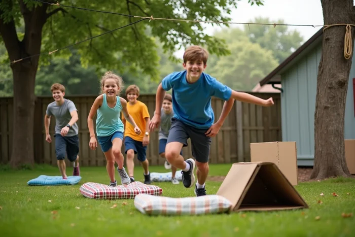 Adultes et adolescents franchissant un parcours d'obstacles fait maison dans un jardin avec des matériaux du quotidien
