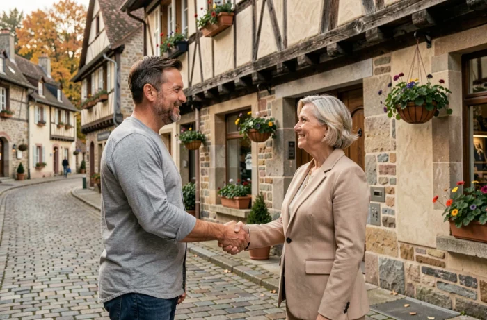 Deux professionnels concluant un partenariat commercial devant une maison à colombages typique du village de La Petite Pierre en Alsace