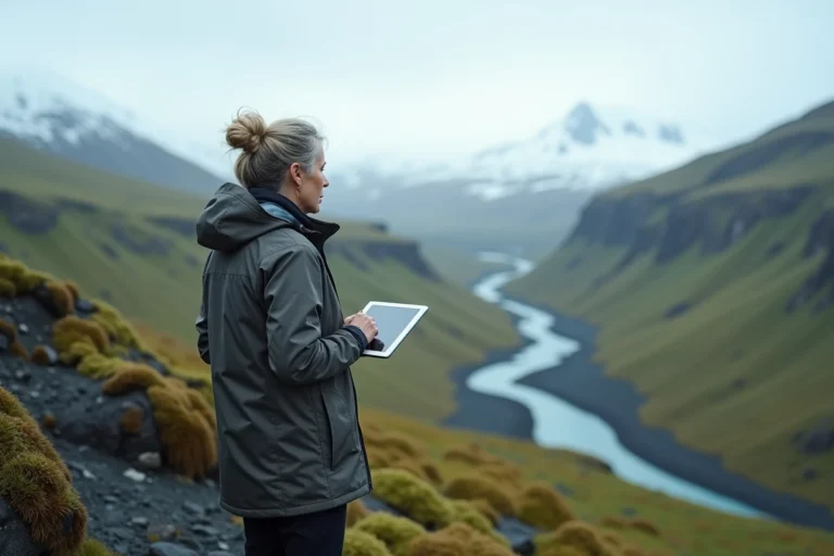 Scientifique en plein air dans un paysage naturel préservé d'Islande, symbolisant les pays épargnés par le réchauffement climatique
