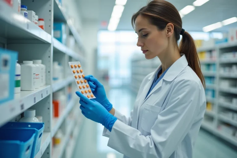 Pharmacienne hospitalière examinant un médicament dans la pharmacie d'un hôpital moderne