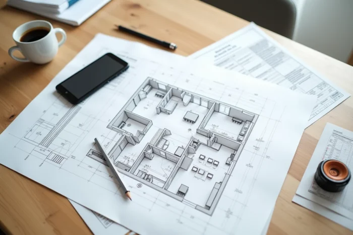 Vue aérienne d'un plan de maison avec formulaire fiscal et mètre ruban pour calculer la surface habitable déclarée aux impôts