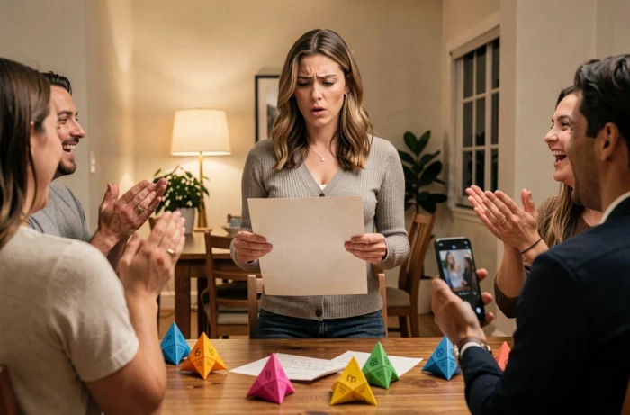 Femme récitant un poème improvisé en quatre vers devant ses amis lors d'une soirée cocotte en papier