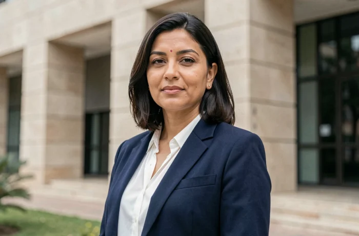 Portrait d'une femme politique marocaine élégante devant un bâtiment institutionnel, illustrant la biographie de Najwa El Haïté