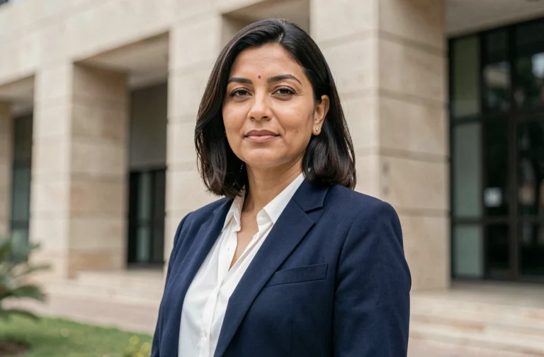 Portrait d'une femme politique marocaine élégante devant un bâtiment institutionnel, illustrant la biographie de Najwa El Haïté