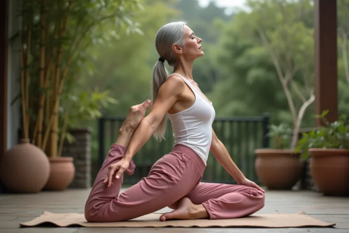 Femme aux cheveux argentés en posture du dragon en yin yoga sur une terrasse en bois entourée de bambous