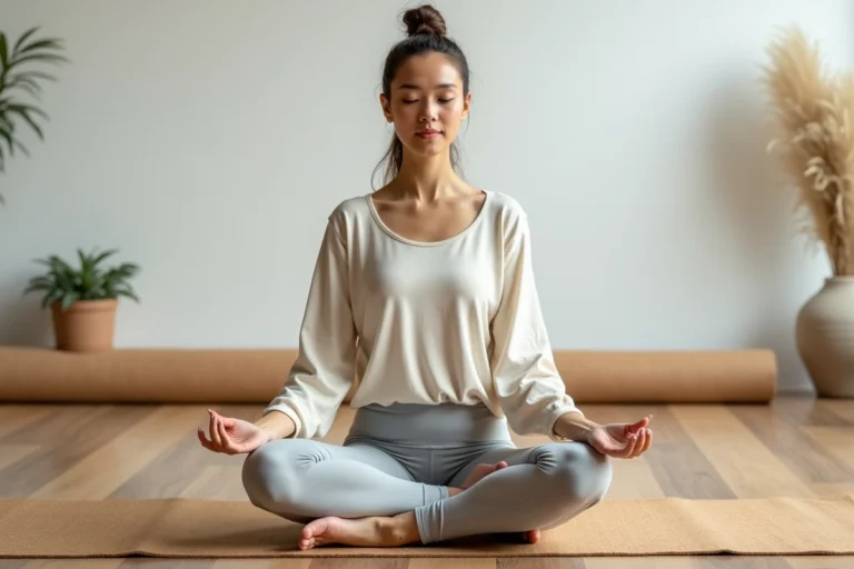 Femme pratiquant la posture du papillon en yin yoga sur un tapis en liège dans un studio minimaliste aux murs blancs