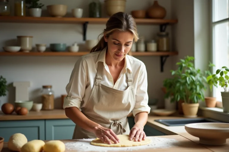 Femme préparant des pâtes fraîches faites maison dans une cuisine chaleureuse avec des étagères en bois