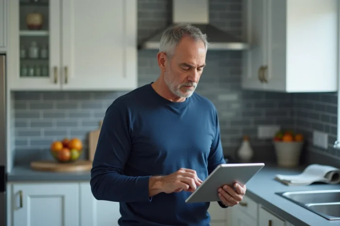Homme tentant de résoudre un problème de connexion à un espace client en ligne depuis une tablette dans sa cuisine