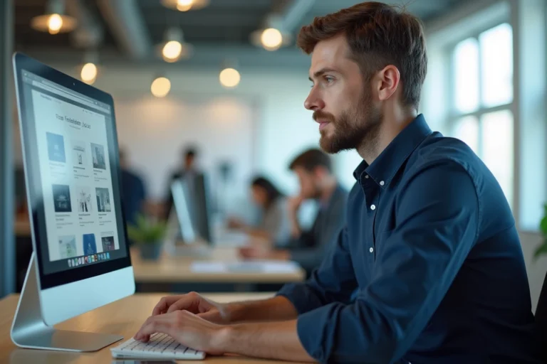 Professionnel consultant un annuaire en ligne sur ordinateur dans un bureau moderne en 2024