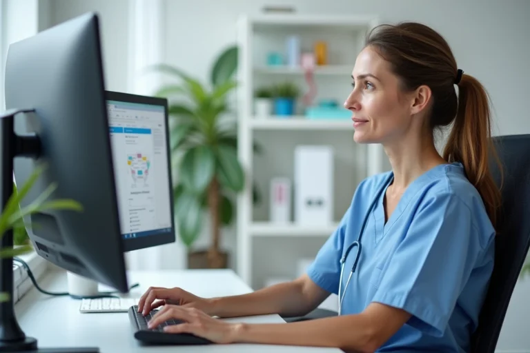 Professionnelle de santé consultant le plan du site francemedicale.net sur un ordinateur de bureau dans un cabinet médical moderne