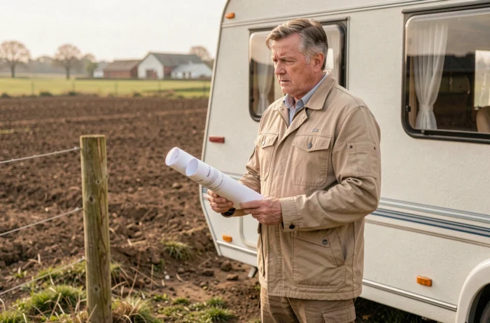 Homme tenant des documents de bail agricole devant une caravane installée sur un terrain loué