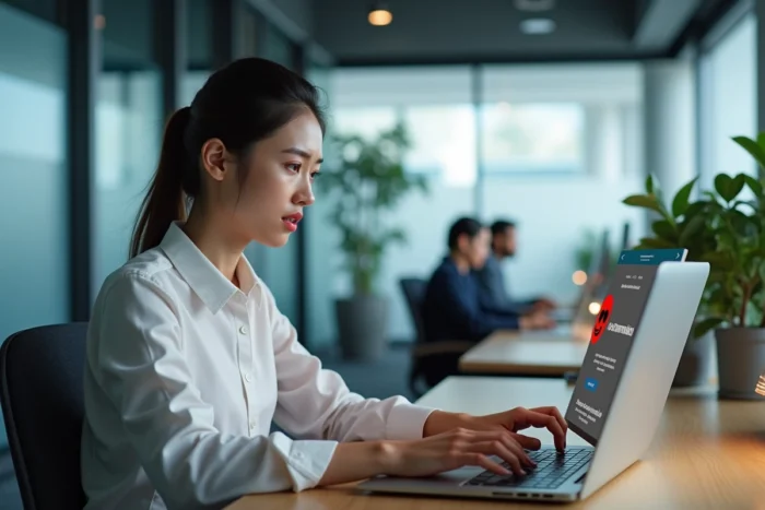 Femme découvrant une alerte de ransomware sur son ordinateur portable dans un bureau moderne